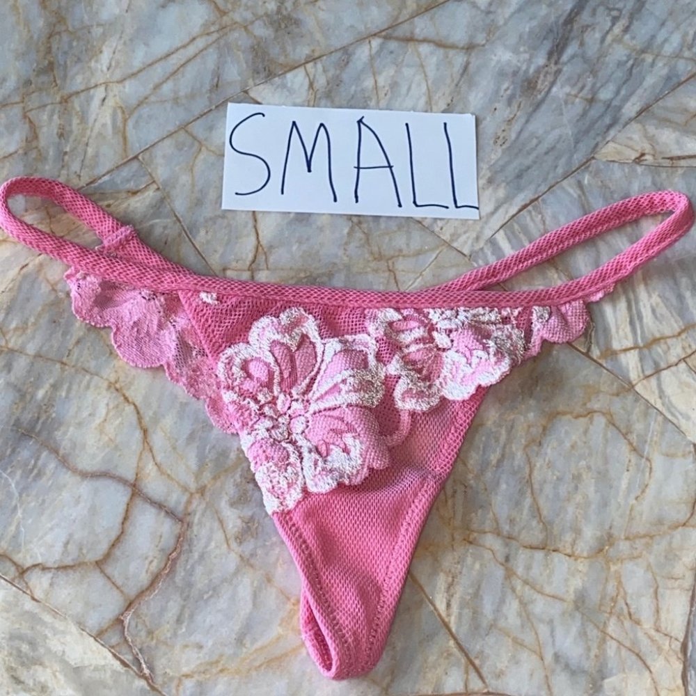 Lace Mesh V-String Thong Panty Ruffle Pink Floral